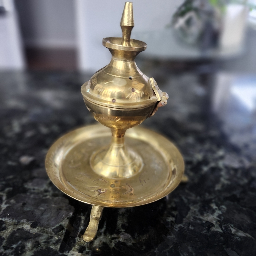 Vintage Brass Incense Burner with Tray From India